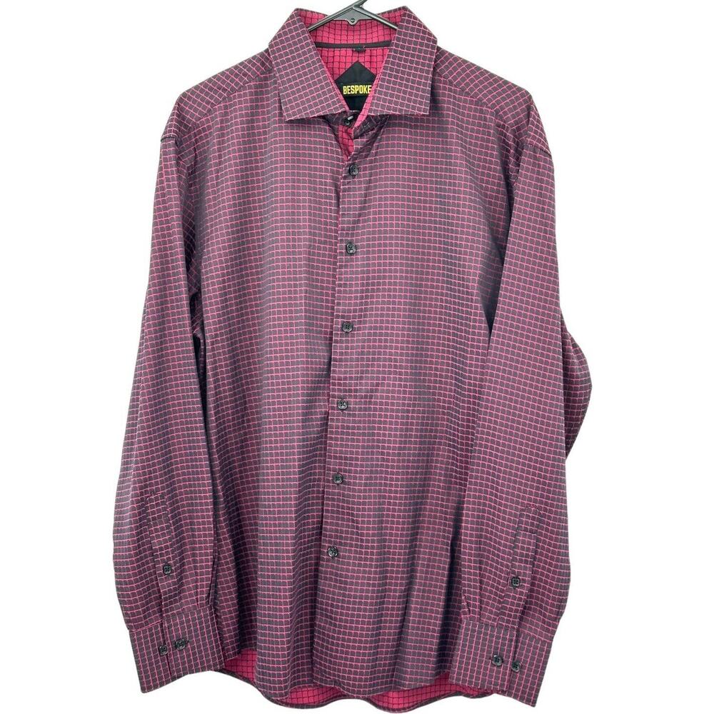 Bespoke Moda Dress Shirt Mens Large Red Black Check Button Up Long Sleeve Cotton